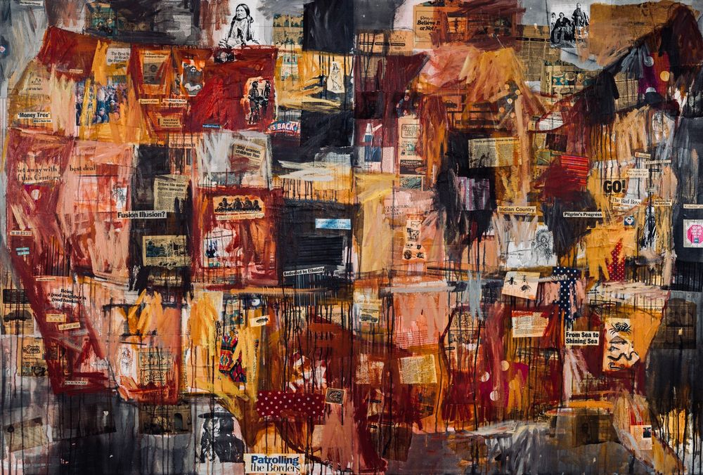 A 1992 oil painting by late Jaune Quick-to-See Smith. A bold visualization of the map of the United States with various imagery and signs.