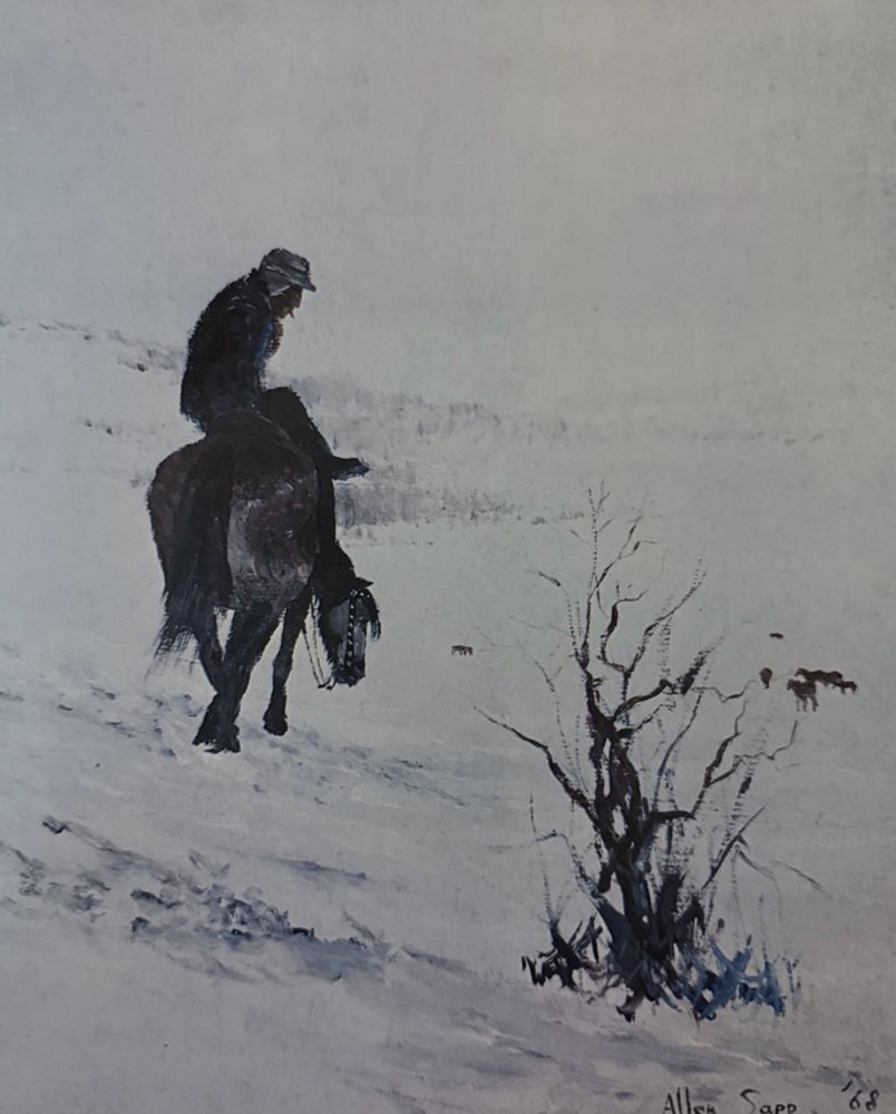 A painting by Cree artist Allen Sapp. In a wintry scene, a man pauses for a smoke on his horse before riding into the valley to get his loose horses. 
