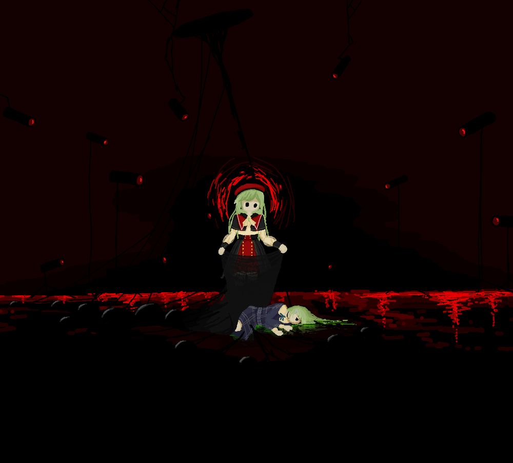 This image is considered spoilers for the Ave Mujica upcoming anime. A low-resolution-styled drawing, fanart of characters from Ave Mujica. It's a very dark, faintly red room lit by numerous black cameras with red activity lights in the background, the floor is covered in water and reflects their light. On that floor lies Mutsumi Wakaba, face in the water, hair splayed out, curled up. She has a green-lit reflection, which has her mask. Over her stands Mortis, and she is laying a sheer dark grey blanket over her. The blanket dissolves into black goop at the other end, which surrounds Mutsumi. Mortis has a red aureola surrounding her head. Far above her is also a black aureola shooting a single ray towards Mutsumi. Mortis's eyes and the black ray are the only things pointing towards Mutsumi, the cameras point at Mortis.