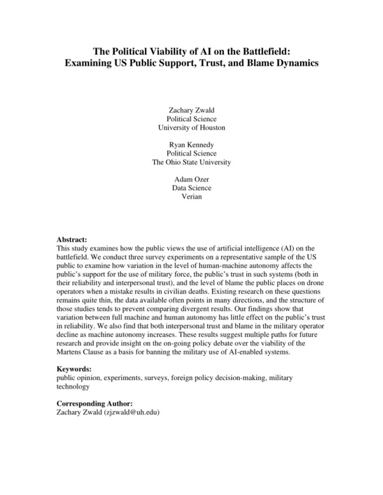 (PDF) The Political Viability of AI on the Battlefield: Examining US Public Support, Trust, and Blame Dynamics