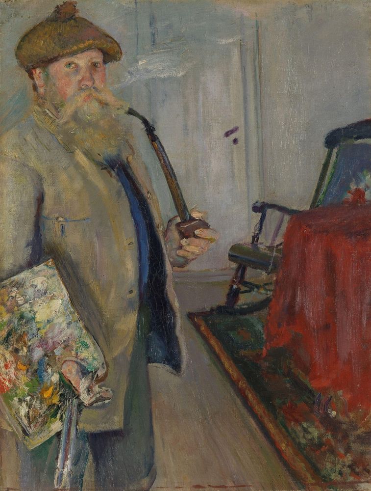 Autoportrait de Krohg, barbu portant un béret et tenant une longue pipe fumante. Il est en habits de peintre, avec une palette remplie de couleurs vives dans une main. Il se tient debout dans un atelier, à côté d'une table recouverte d'une nappe rouge. Sur l'arrière-plan sobre uniquement une porte fermée se distingue, suggérant un espace intérieur.