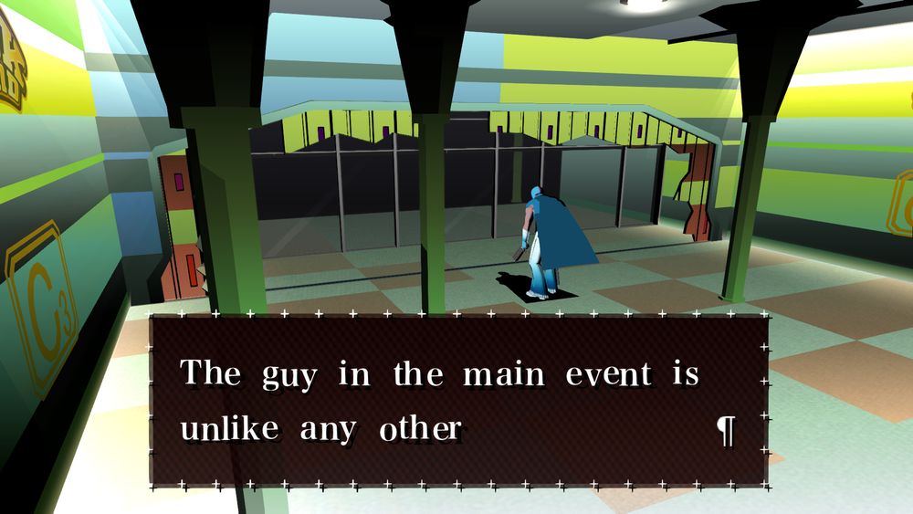 Killer7 screenshot. Mask standing while a text box reads: The guy in the main event is unlike any other