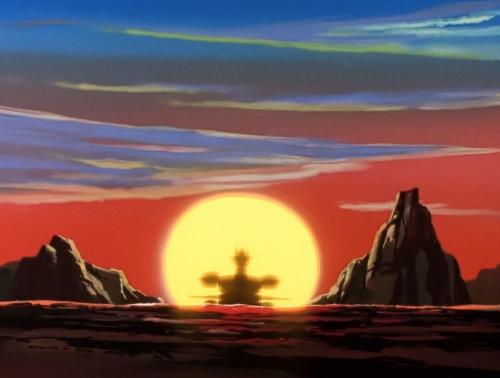 The ship Iron Gear's sillhouette against the sunset.
