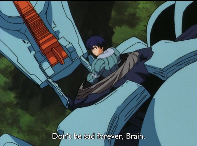 Screenshot from Brain Powerd featuring Yuu coming out of his mecha. The subtitles read, "Don't be sad forever, Brain."