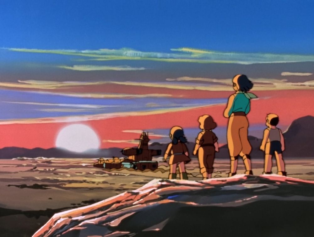 A young woman and three children watching a ship moving towards the sunset on a desert.