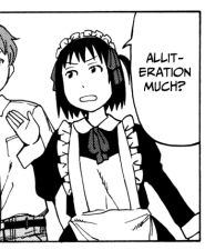 SoreMachi manga panel featuring a black-haird girl dressed as a maid. Her speech balloon reads: "Alliteration much?"