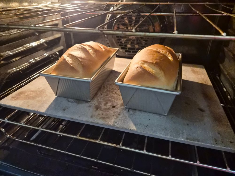 two loaves of just-baked bread vibing in the oven 