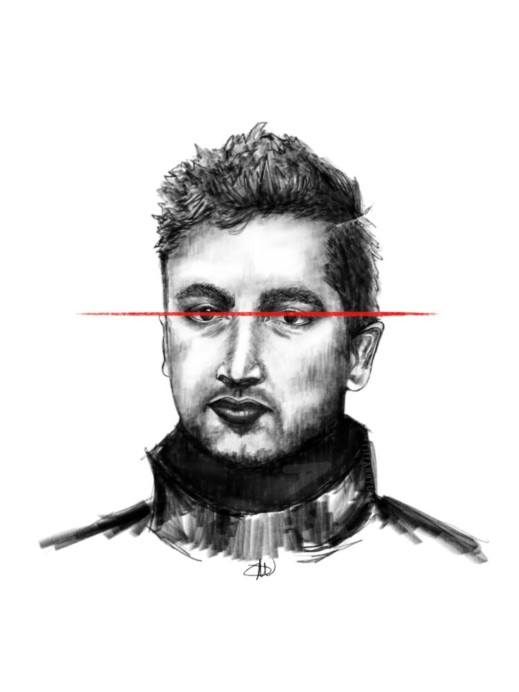 Digital clique art of Tyler Joseph with a red line going across his eyes 