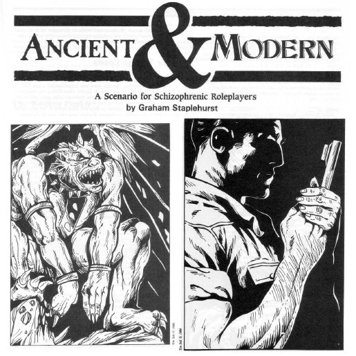 Two illustrations by Tim Sell from the two-part Ancient & Modern AD&D / Call of Cthulhu scenario - one of a gargoyle-like fantasy monster, the other of a 1920s gun-toting investigator.