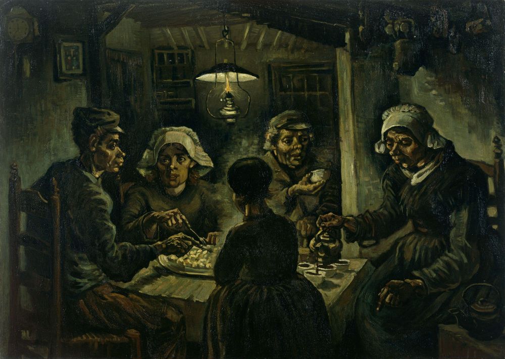 Vincent van Gogh's The Potato Eaters.
A group of peasants sit round a table in the gloom. But hey, at least they like potatoes.
