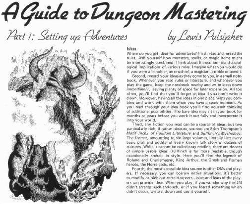 Top of page of A Guide to Dungeon Mastering (Part 1: Setting up Adventures) by Lewis Pulsipher, from White Dwarf #34. The picture by Alan Hunter shows a sword-wielding adventurer, dwarfed by a horned demon looming over him.