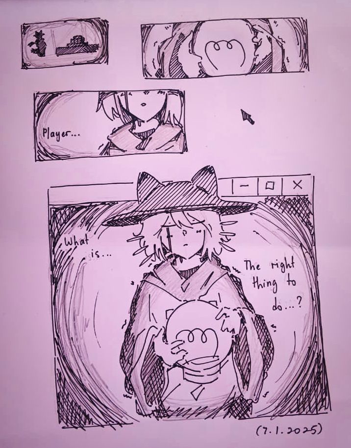 1st panel: Niko is in the Tower 
2nd panel: Niko is holding the lightbulb, hands shaking
3rd panel: Niko open their mouth and say "Player..."
4th panel: Niko saying "What is... The right thing to do...?"