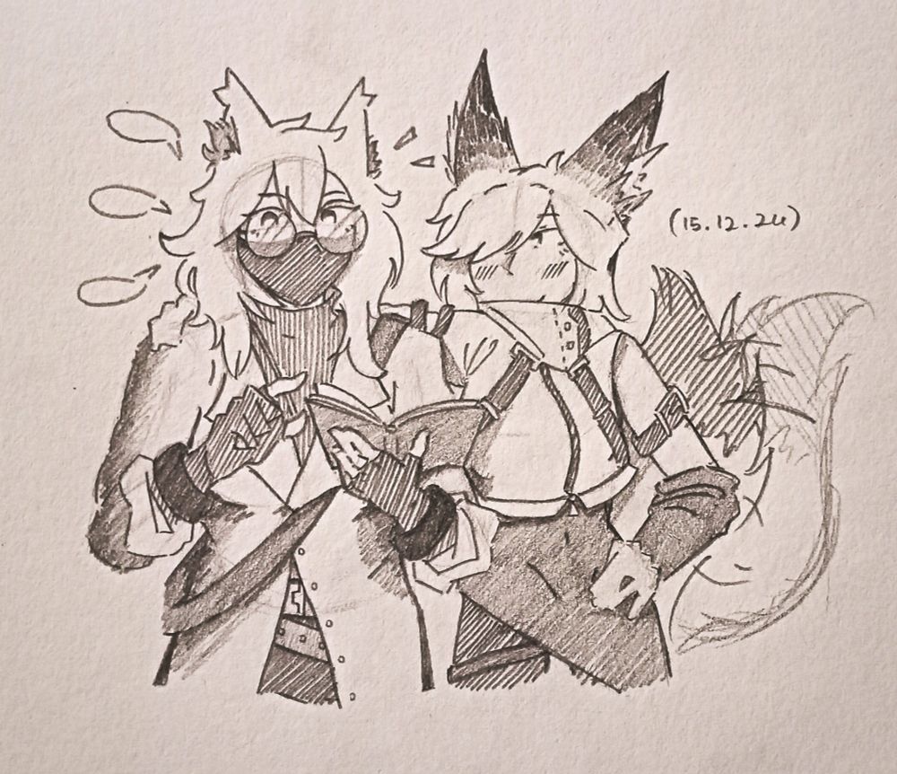 the character on the left, Nekki, pointing at a book and telling her current hyperfixation to Amber, who doesn't actually pay attention and just excited to hear Nekki's yapping