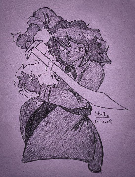 Stellio, standing in a sword stance, with his sword in his right hand and purple fire on the left