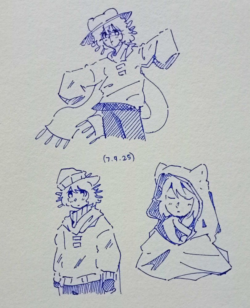 3 doodles of Niko, one is Niko spreading their arms out, second  is Niko in comfy big sweater and hat, third is Niko in a cloak