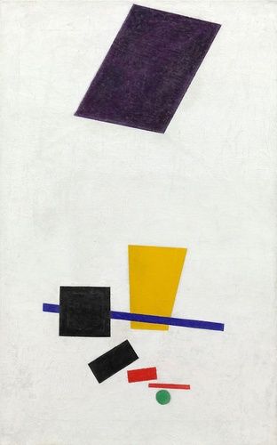 During the summer and fall of 1915, Kazimir Malevich secluded himself to prepare for the groundbreaking exhibition 0.10 (Zero-Ten) The Last Futurist Exhibition of Paintings. Seeking to push the formal discoveries of Cubism and Futurism to their limits, to find the most essential core—the “zero”—of painting, Malevich produced a series of completely abstract works that he declared constituted an entirely new system of art. Suprematism, as he called the new style, eradicated all references to the natural world and focused instead on the inherent relationships between colored geometric shapes against the void of a subtly textured white background. In the exhibition catalogue he warned, “In naming some of the paintings I do not wish to point out what form to seek in them, but I wish to indicate that real forms were approached in many cases as the ground for formless painterly masses from which a painterly picture was created, quite unrelated to nature.” Painterly Realism of a Football Player—Color Masses in the 4th Dimension belongs to this very first group of Suprematist works. The subtitle refers to the mathematical theory of fourth dimensional space, a concept appropriated by many early twentieth-century artists to justify their representation of truths beyond immediate sensory perception.

Through prior gifts of Charles H. and Mary F. S. Worcester Collection; Mrs. Albert D. Lasker in memory of her husband, Albert D. Lasker; and Mr. and Mrs. Lewis Larned Coburn Memorial Collection