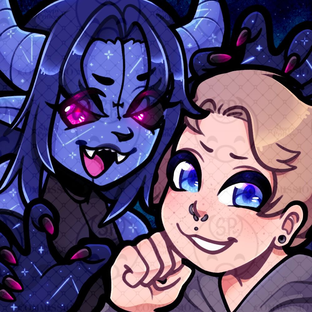 An icon commission depicting human Mae and their vtuber persona Azmaedeus! 