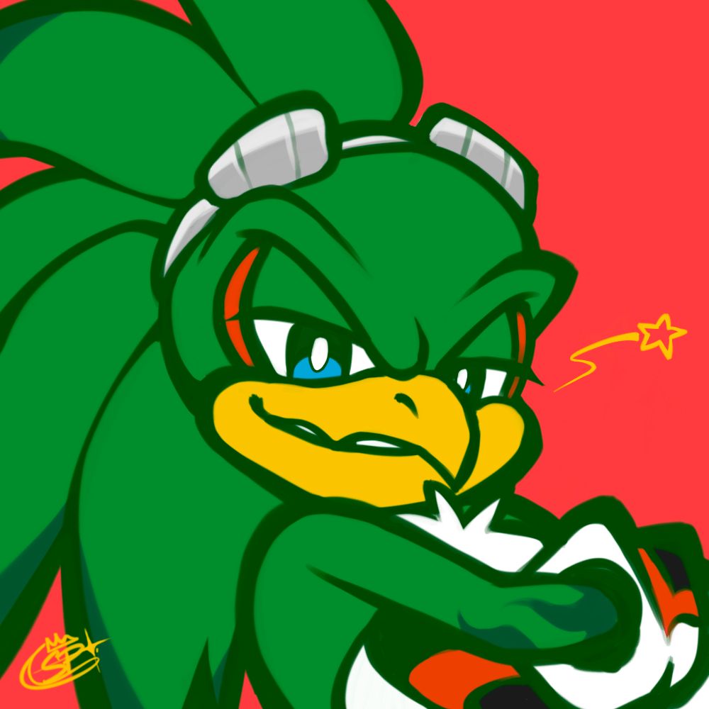 A drawing done by SleepyPrincee of Jet the Hawk from Sonic the Hedgehog. It is a redraw of an official comic panel in icon format, he is drawn in flat colours against a bright red background. 