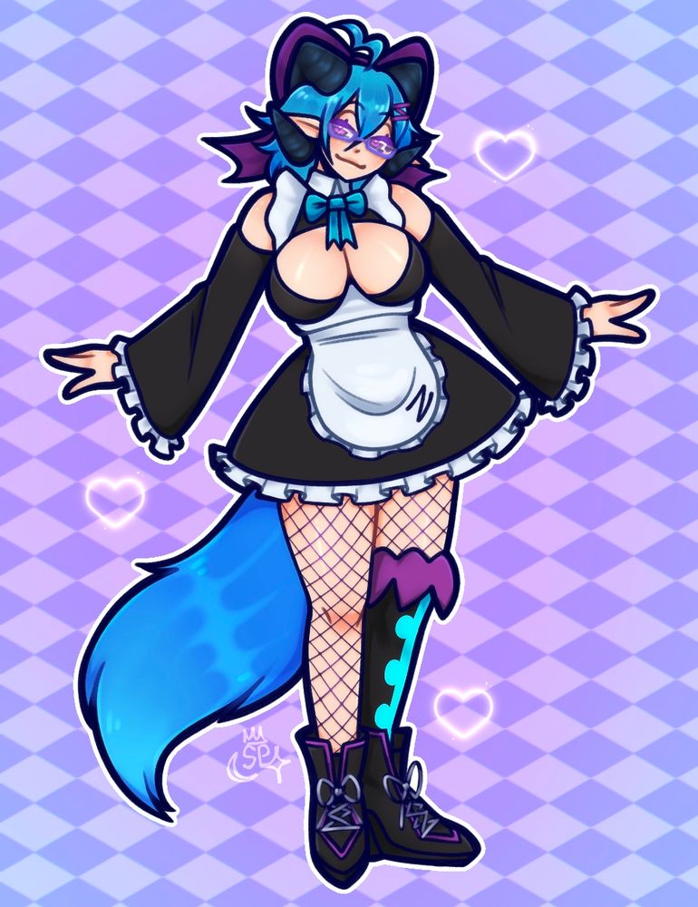 Art of Pheebee, a VTuber on Twitch, standing cutely against a background of purple and blue hues.
