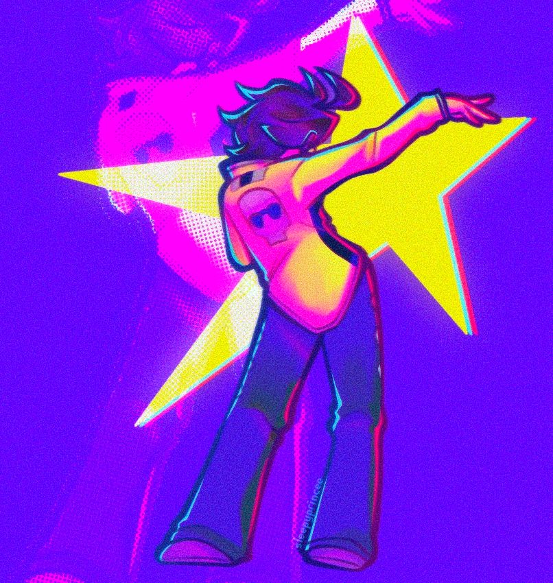 A drawing of the character Charlie Disco from Dead as Disco in a dancing pose. The colours are bright, mimicking the style of the retro 80s disco aesthetic. 