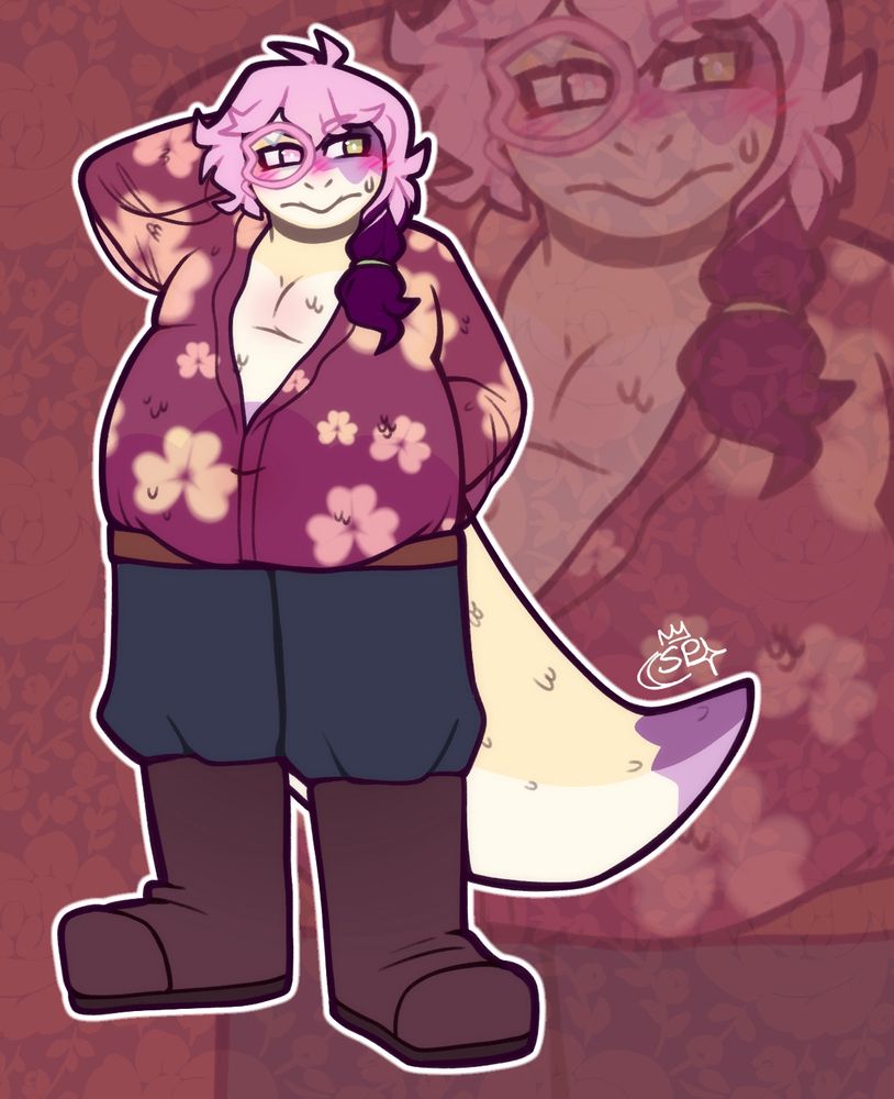 Digital art piece of a plus size masc turtle character wearing a lovely mesh flower print shirt. He looks flustered by the attire. 