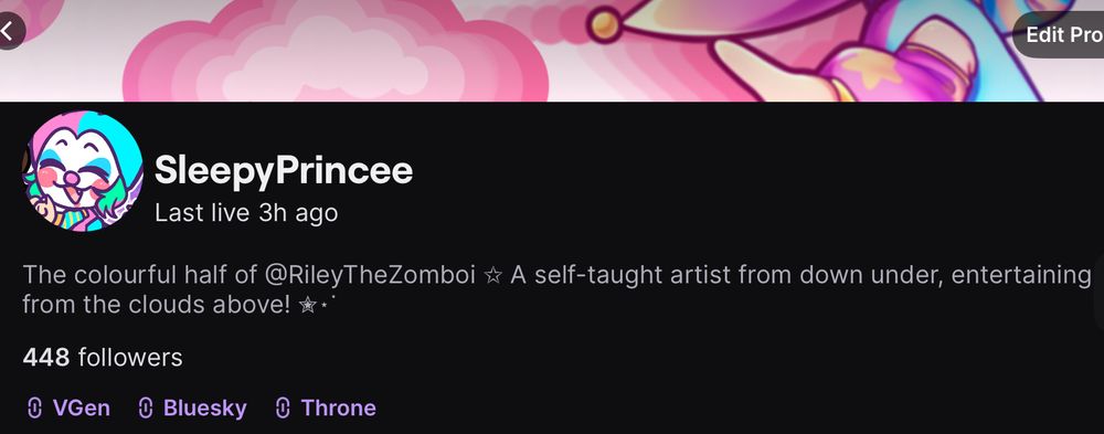 A screenshot of Sleepy’s Twitch page. He’s updated his user from Sleepy_Princee to SleepyPrincee (without the underscore)