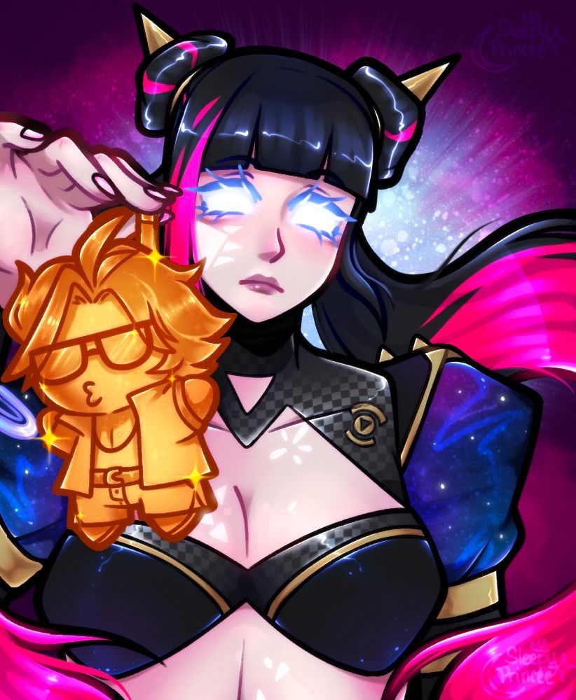 A digital drawing of Arora and Charlie from Dead as Disco in the format of the “24karot gold Labubu” meme. A large Arora is holding up a small golden Charlie. She looks displeased, Charlie is making a silly kissy face. 