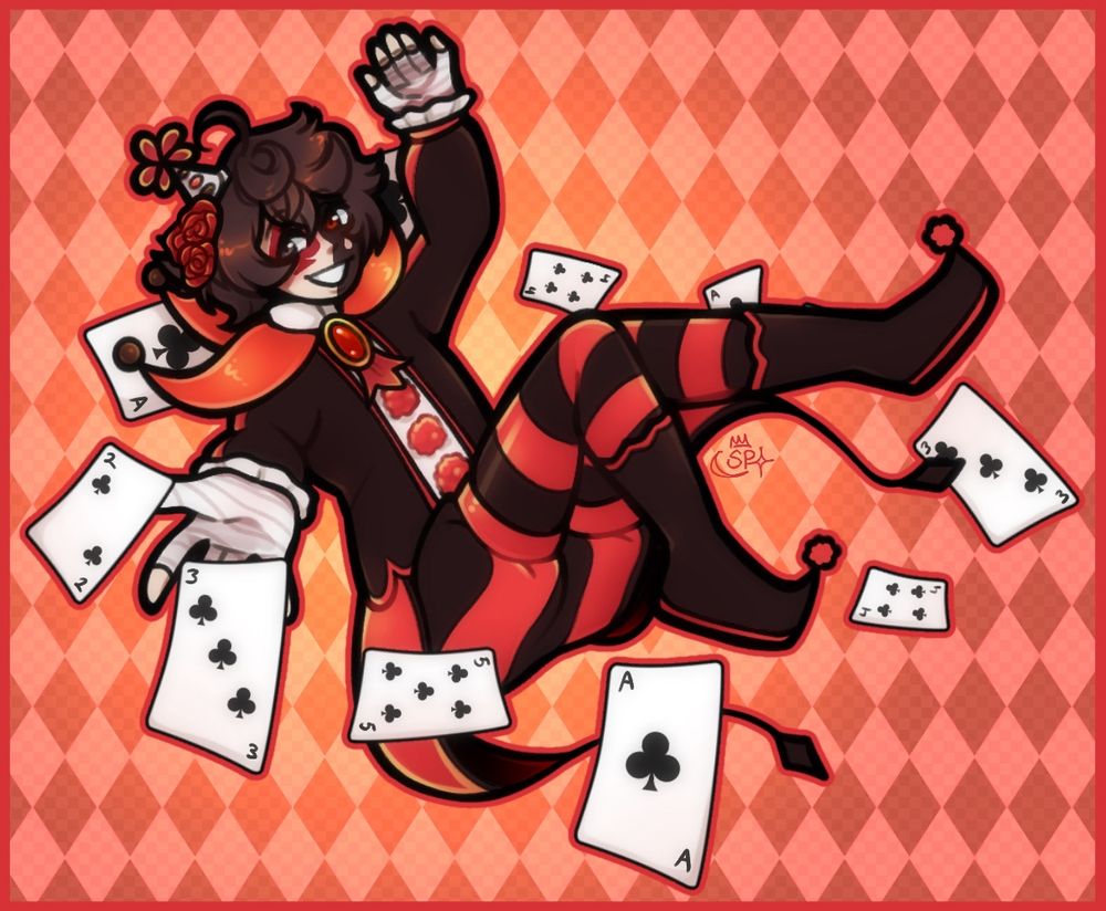 A drawing of Li Spade, a black and red jester, floating against a red checkered background surrounded by different cards that were MEANT to be spades but I just realised my blind ass made them club cards. 