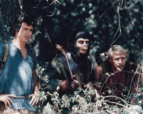 Verdon, Galen and Burke from the Planet of the Apes TV series, standing slightly covered by leaves, looking on at an unseen event.
