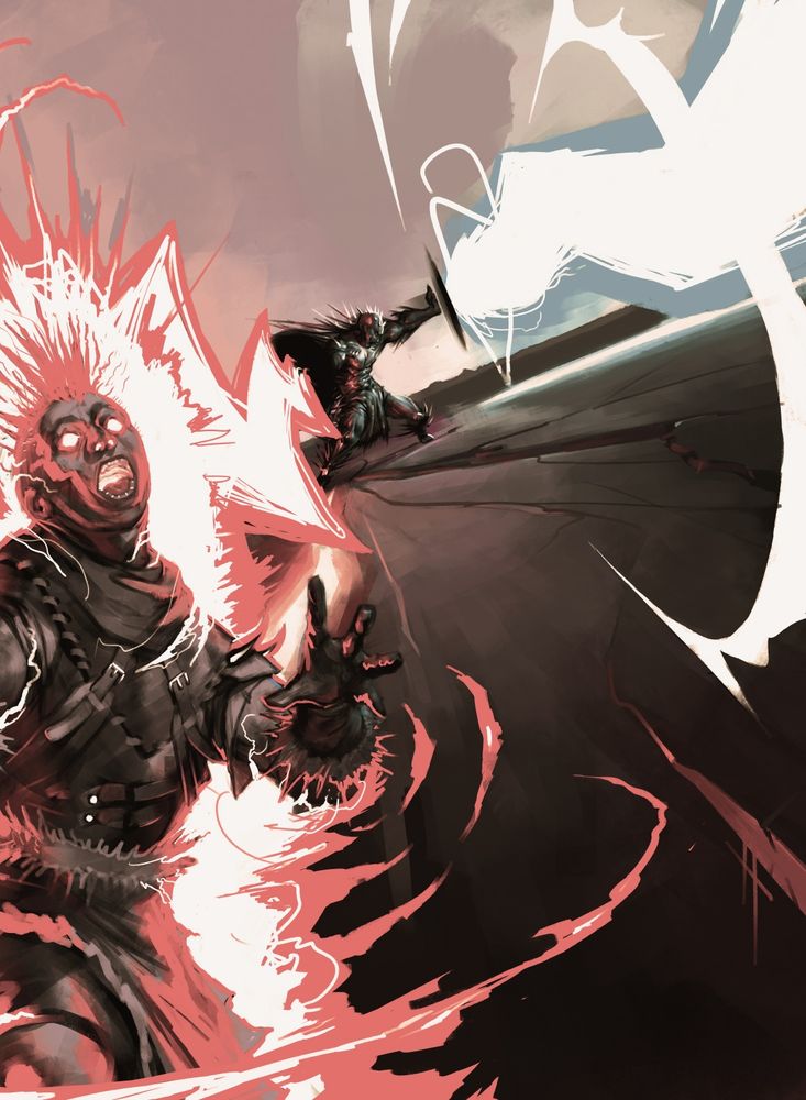 A large lightning bolt shoots in from the right, towards a spikey antagonist, who is seen conjuring black portals to redirect the lightning at an unfortunate bystander (Kinnan from MTG), who is shown frying to death on the left