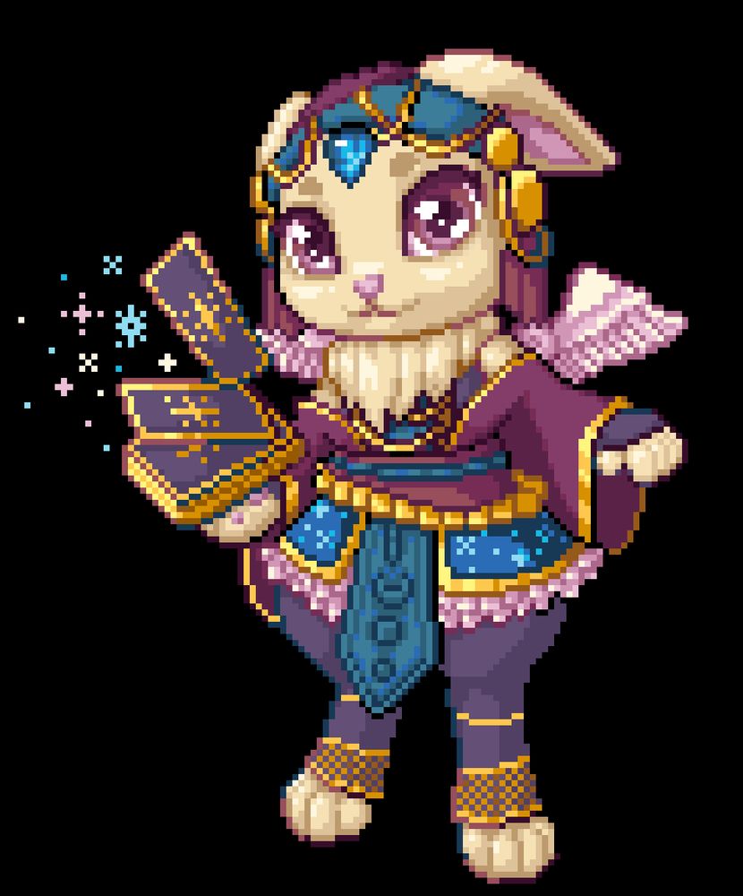 Little rabbit-like character in a pixel style, wearing layers of purple, pink and blue clothes with gold decorations. She has small light pink wings on her back, a blue crystal on her forehead and floats some cards over her hand/paw.