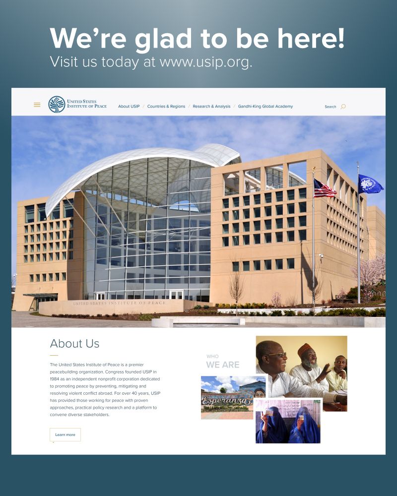Message and screenshot of the www.usip.org homepage, featuring a photo of the USIP headquarters building. 