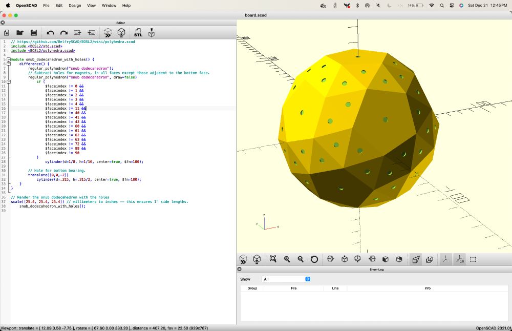 Screenshot of OpenSCAD making a complicated shape with shapes subtracted out of it.