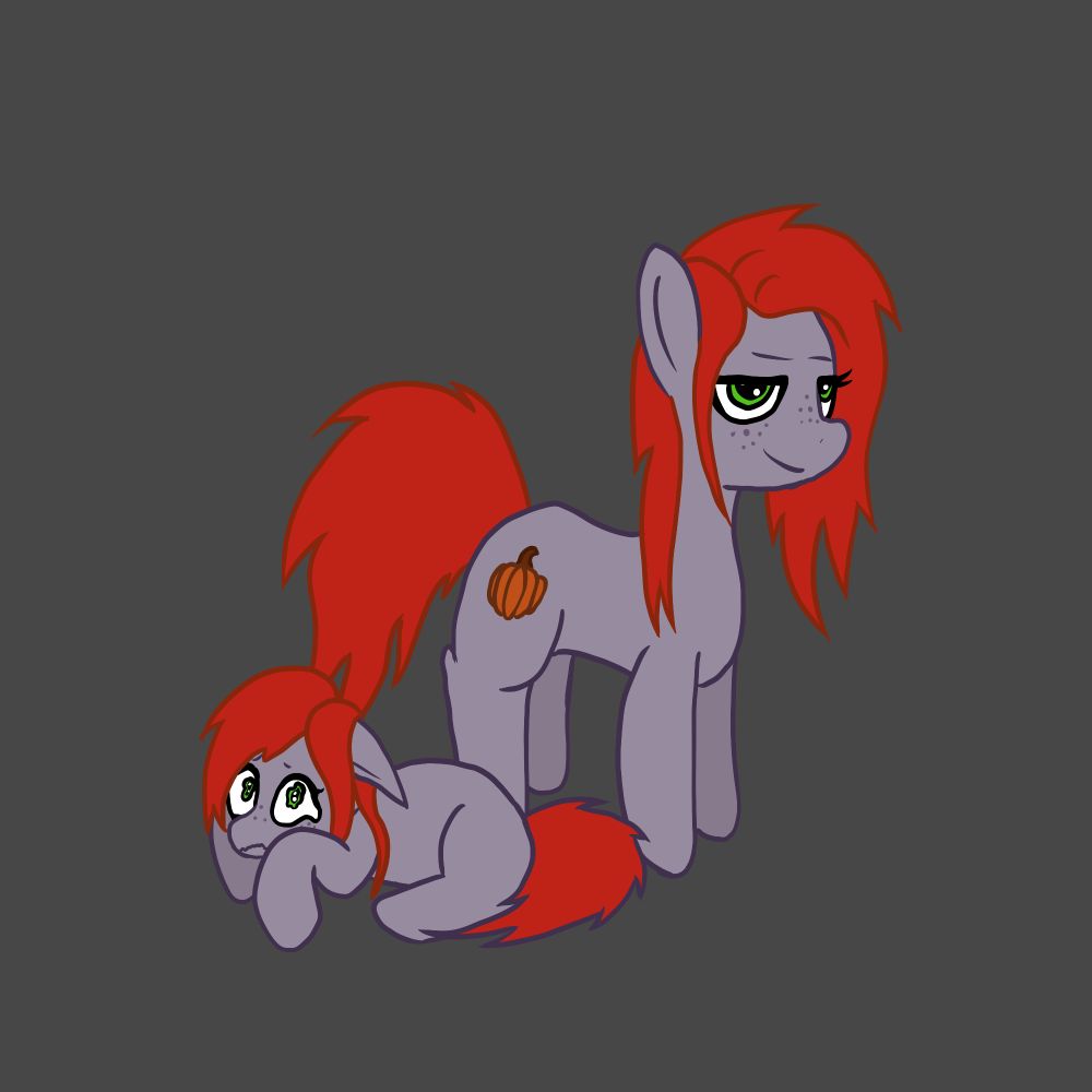 Two drawings of the same pony as a foal without a cutiemark in a laying position, and then with a cutiemark, as an adult with a laid back expression. She has red-orange hair, purple/grey fur, green eyes, and freckles. Her cutiemark is a pumpkin. 