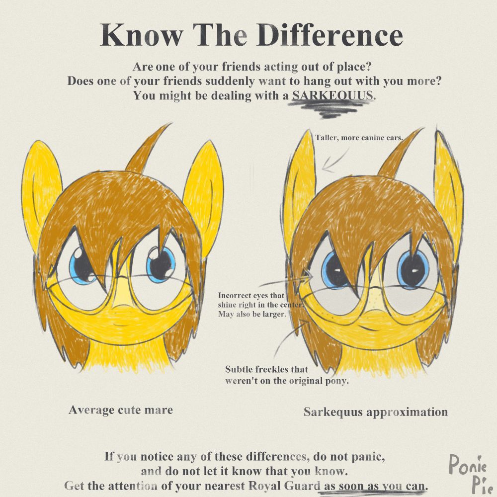 I will put down the text from top left to bottom right:

"Know The Difference. Are one of your friends acting out of place? Does one of your friends suddenly want to hang out with you more? You might be dealing with a SARKEQUUS.

Taller, more canine ears.

Incorrect eyes that shine right in the center. May also be larger.

Subtle freckles that weren't on the original pony. 

Average cute mare (underneath the left pony.)

Sarkequus approximation (underneath the right pony)

If you notice any of these differences, do not panic, and do not let it know that you know. Get the attention of your nearest Royal Guard as soon as you can."