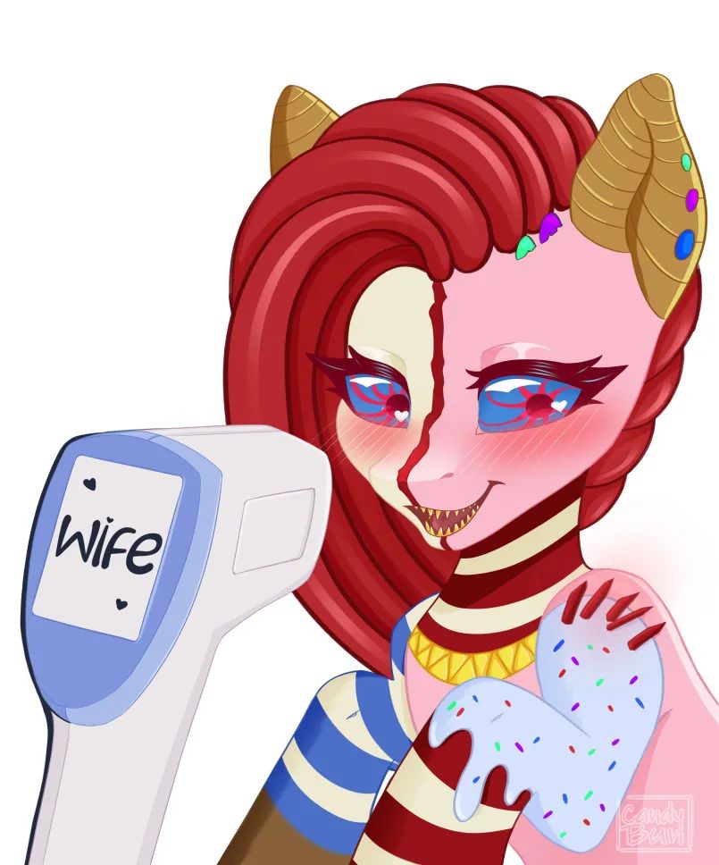 To the left is a thermometer simply reading the word 'wife' while pointed at the candy mare. 

The oc to the right is The Candy Mare (the character my whole account stans, lol). She's blushing and looking away from the viewer bashfully. 