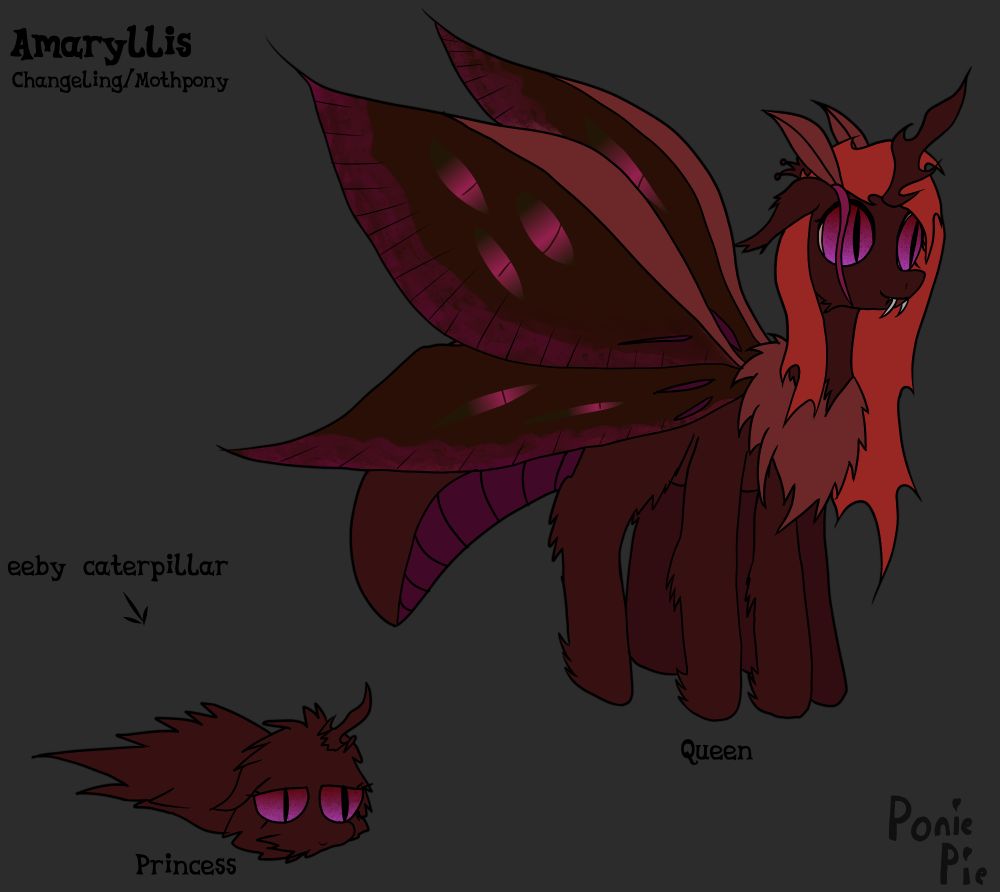 This is an insectoid mlp changeling type oc with heavy moth traits. 
She's very fuzzy with dark red fur. She has six legs and a pair of large wings with eye patterns on them. Her mane is bright red and her eyes are purple/red. She has two sets of visible fangs, a more expected changeling queen horn, and moth antennae along with her ears. Instead of any usual tail she has a moth abdomen.

To the bottom left is her as a baby. A caterpillar. More or less just a ball of red fuzz. 

Top left text reads as follows: 
"Amaryllis"
"Changeling/Mothpony"

Text near the center left reads:
"eeby caterpillar"

Text near the bottom left corner:
"Princess" (This is the oc as a baby/larvae)

Underneath the main drawing reads the text: 
"Queen" (This is the oc as an adult)