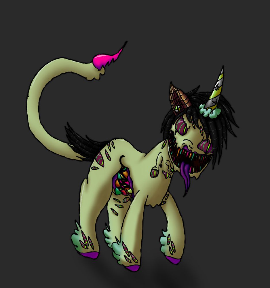 Monstrous pony made of candy. The ear is made of ice cream cone. The horn is a green and white candy cane with cotton candy at the base and with cracks throughout it. It has a gaping mouth in it's stomach full of sharp brightly colored teeth. It's hair is black licorice and it's eyes are a deep red color with green slits and circles leading from the center. It's tail is long with a broken looking pink piece at the end. It has eyes all over it's body. 