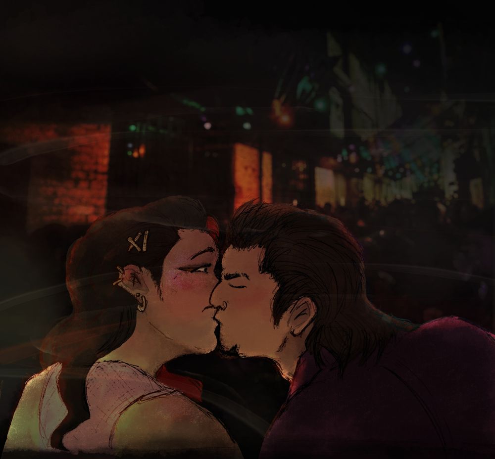 Mitsu kisses Da in the crowded smoking area of a nightclub. The lighting is dim, cigarette smoke swirls around them, and Da stares open-eyed in shock, clearly caught off guard. Da's hair is loose, pink glitter on their cheekbones barely covering the blush. Mitsu is also blushing, wearing a dark purple dress shirt.