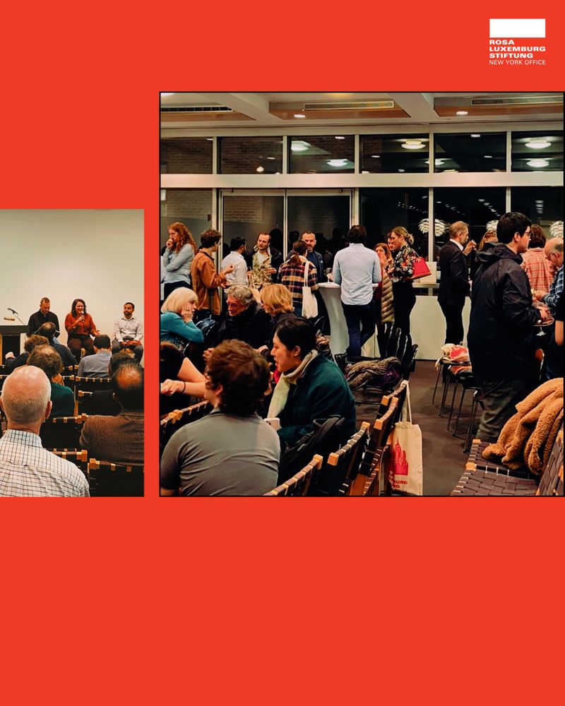 Photos of people listening to a talk about the German election results. 