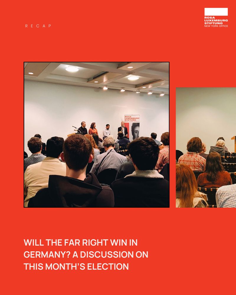 Photos of people listening to a talk about the German election results. 