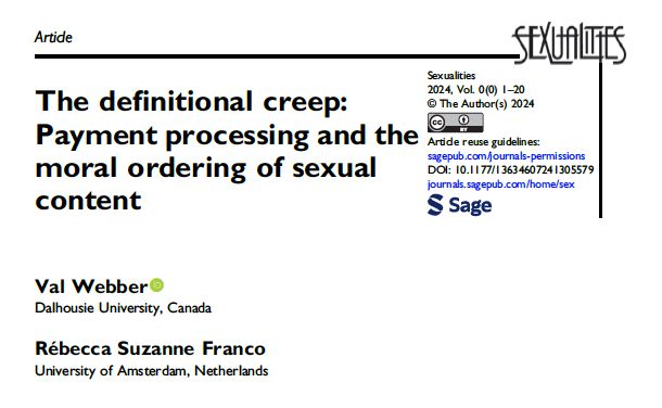Sexualities journal article titled the definitional creep: payment processing and the moral ordering of sexual content, by Val Webber and Rébecca Franco