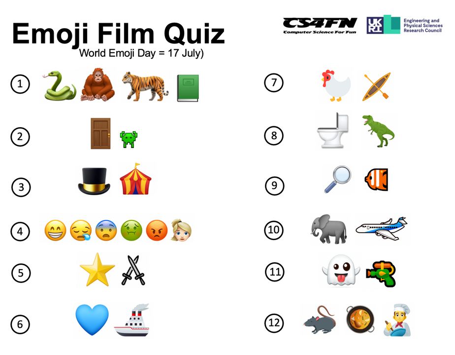 A screenshot of the Emoji Film Quiz with 12 strings of emoji each representing a different film.