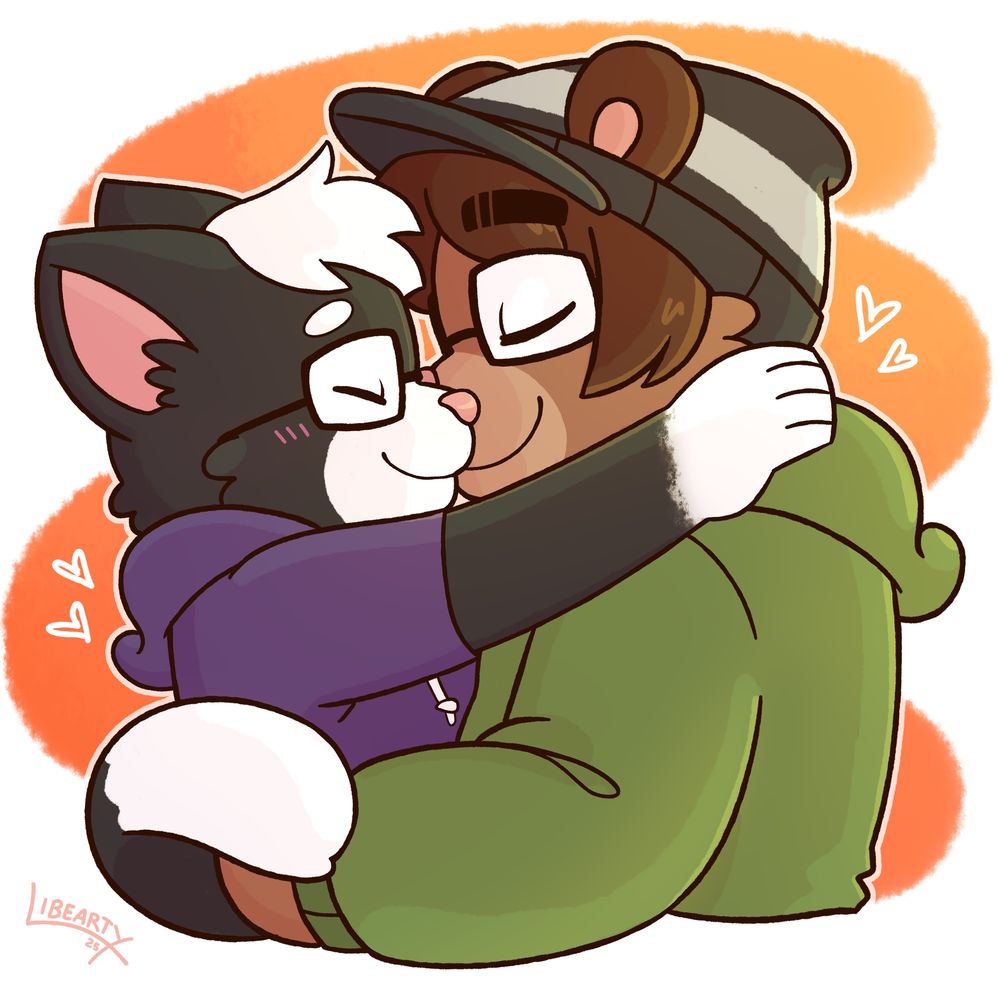 Cute tuxedo cat furry (Adam) hugging and snuggling close with a bigger bear furry (Lib). Colored to look like it’s sunset time. 