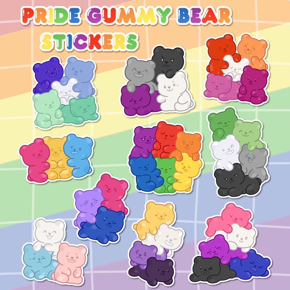 A bunch of pride flags as gummy bear themed stickers!