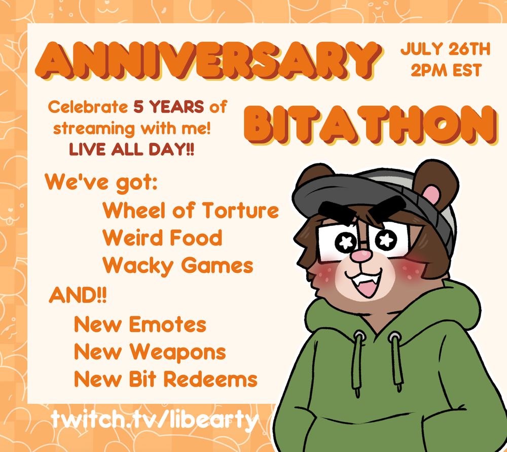 Celebrate 5 years of streaming with me!! Going live at 2PM EST, Saturday July 6th with TONS OF SHENANIGANS!! Weird foods, wacky games, NEW EMOTES!! NEW STREAM AVATAR ITEMS!! NEW REDEEMS!! Live all day c: