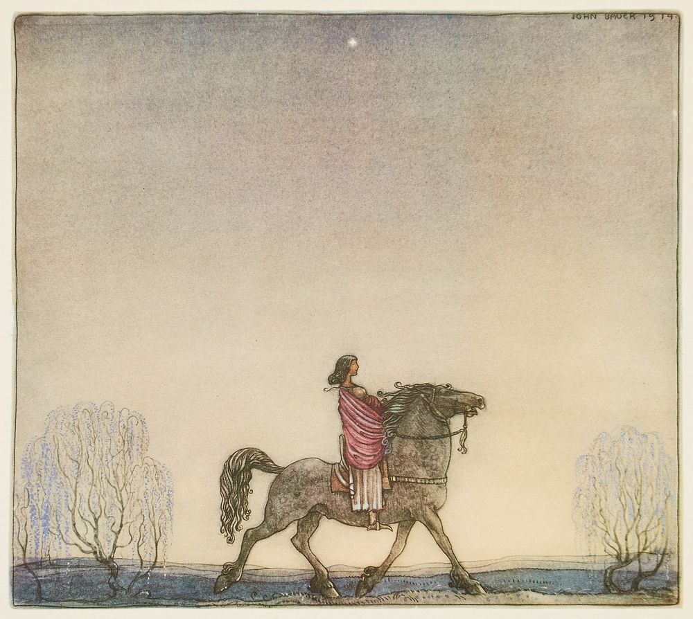 Ilustración del sigo XVIII de John Bauer, en la que aparece de perfil un jinete con una capa rosa sobre su caballo caminando a través del campo. El fondo es simple, con un cielo amarillento pálido que ocupa la mayor parte de la ilustración y dos árboles a ambos lados.