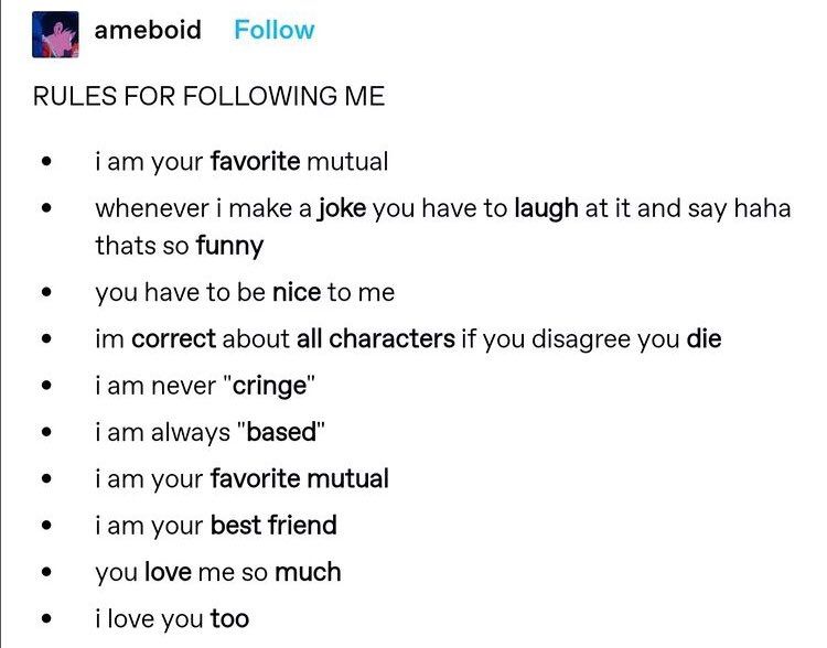 Tumblr post by user "ameboid" says
"RULES FOR FOLLOWING ME" Followed by a bulleted list. "I am your favorite mutual" 
"whenever I make a joke you have to laugh at it and say haha that's so funny" 
"you have to be nice to me" 
"I'm correct about all characters if you disagree you die"
"I am never cringe"
"I am always based"
"I am your favorite mutual"
"I am your best friend"
"You love me so much"
"I love you too"