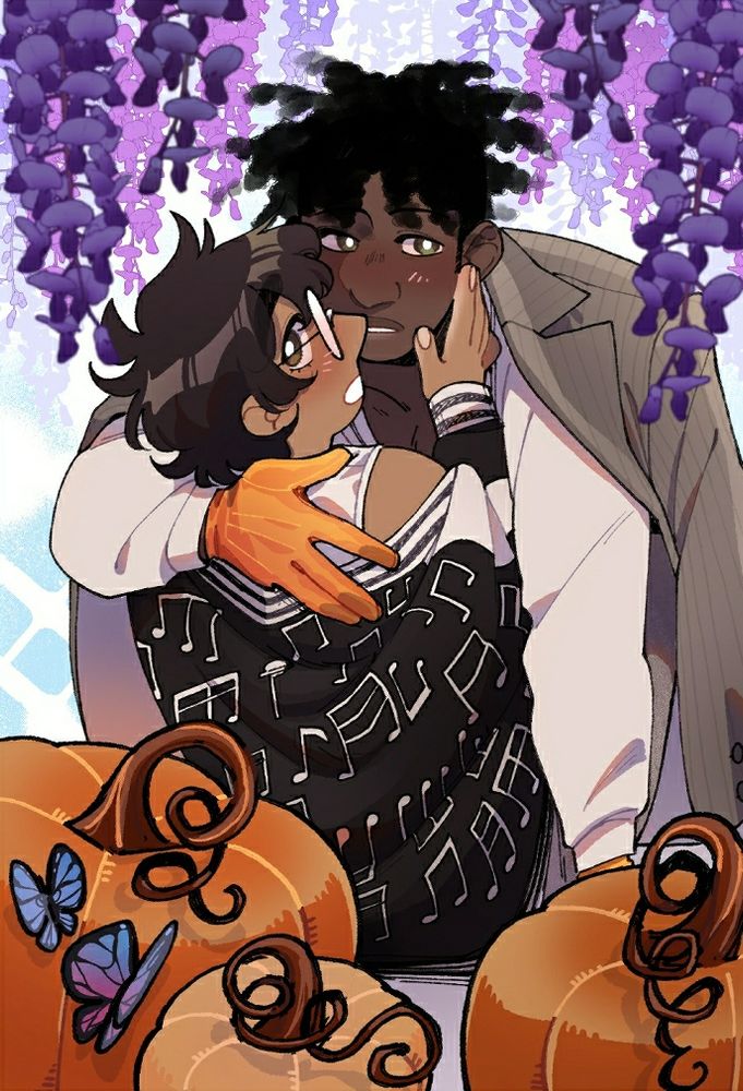 Illustration mettant en scène Cyd et Ray, les protagonistes du webtoon Boys Love Queen Cendrillon s’etreignant dans un champ de citrouilles.