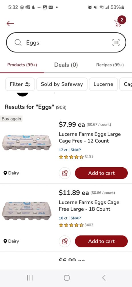 Safeway prices for eggs in southern Colorado: $7.99 per dozen, $11.89 for 18 count